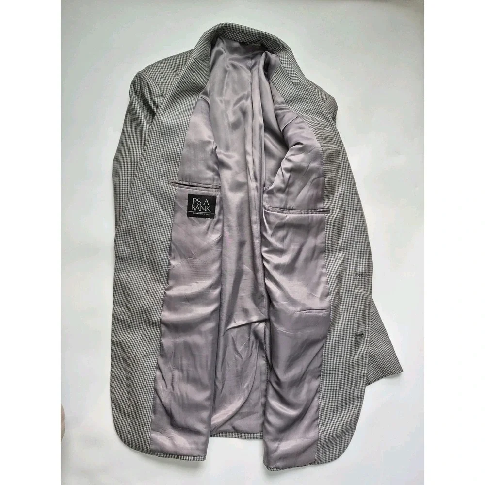 Jos A Bank Mens 42L Silk Wool Tailored Sport Coat Gray Blue Check Blazer
